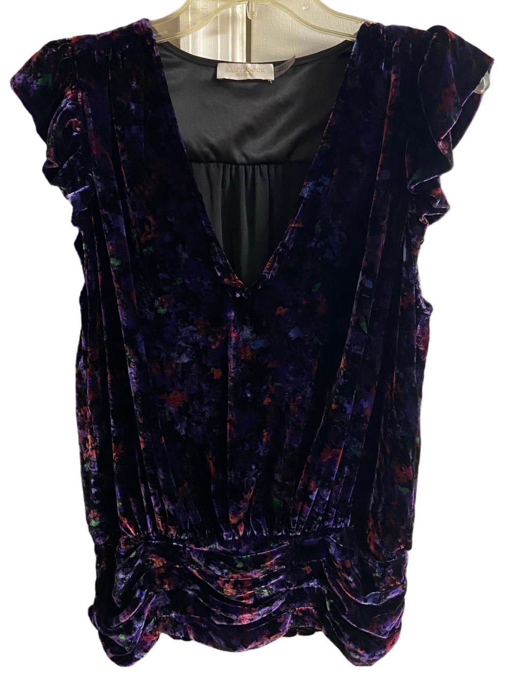 Ramy Brook Floral Velvet Flutter Sleeve Deep V-Neck Ruched Hem Blouse Small